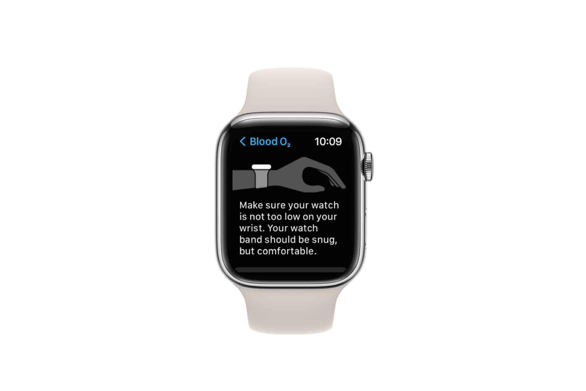 A smartwatch displaying instructions for measuring blood oxygen, showing an illustration of a wrist with a watch and text advising to wear the watch snugly but comfortably.