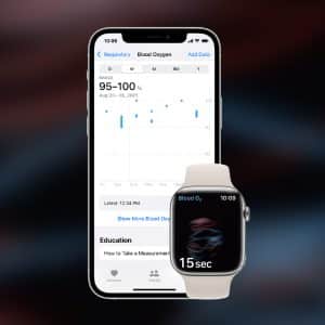 An iPhone displays blood oxygen level data in a health app, while an Apple Watch next to it shows a blood oxygen measurement screen with swirling graphics and a 15-second timer. Apple logo is in the lower right corner.