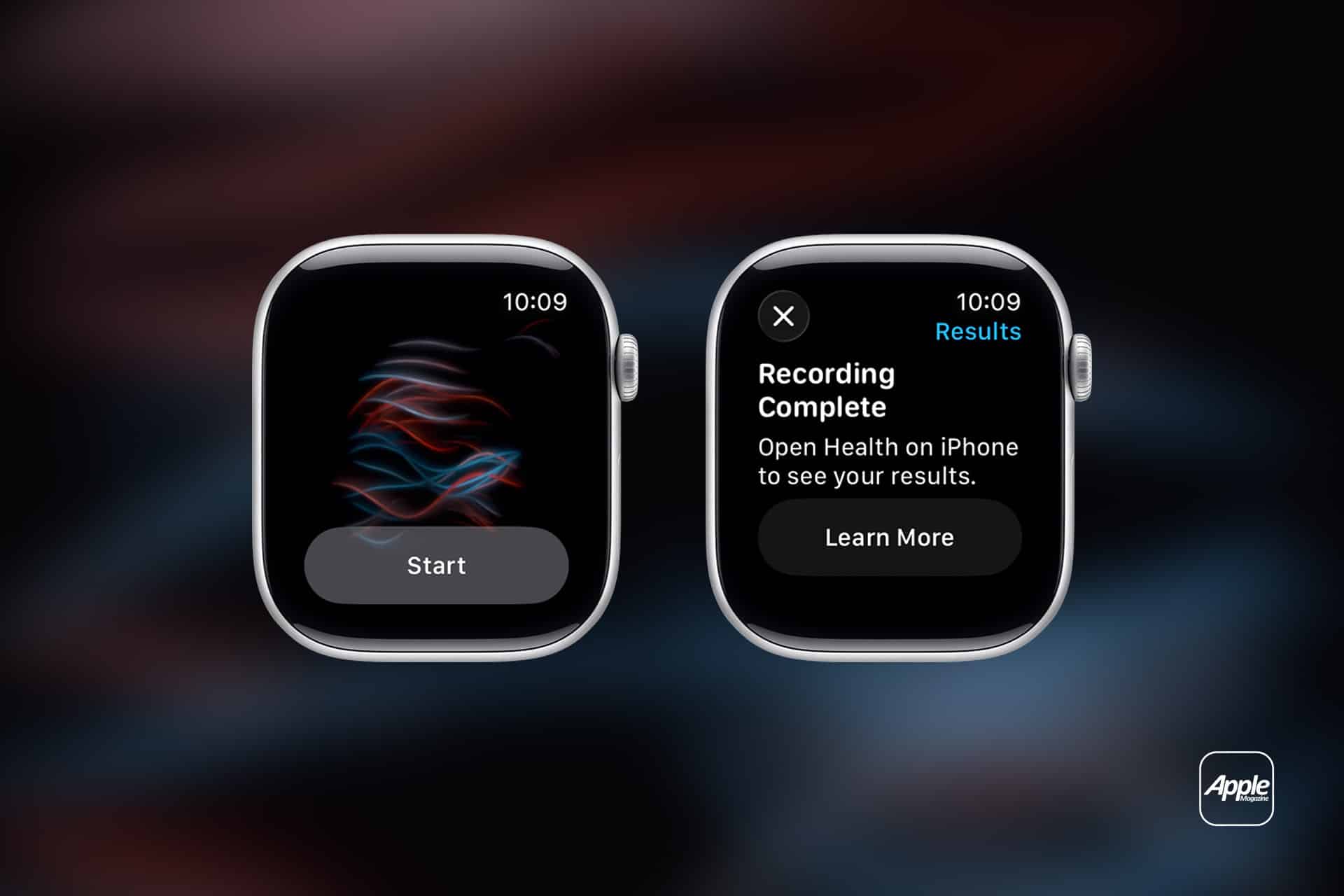Two Apple Watch screens: the left shows a swirling red and blue pattern with a “Start” button to check Watch Oxygen Accuracy, and the right displays a “Recording Complete” message with options to view results or learn more. Apple logo in bottom right corner.