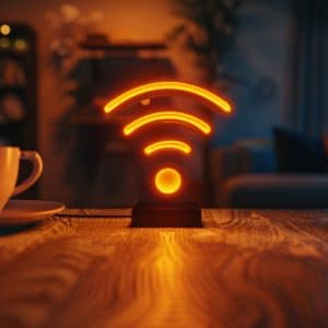 A glowing orange Wi-Fi symbol lamp sits on a wooden table in a cozy, dimly-lit living room—perfect for a relaxing evening or some late-night WiFi troubleshoot sessions, with a cup and saucer nearby and blurred furniture in the background.