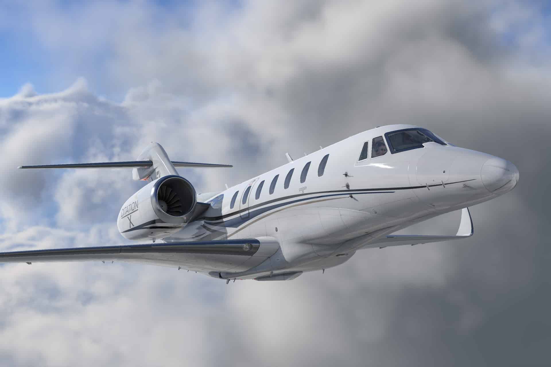 A white private jet with dark stripes flies through a cloudy sky, sunlight illuminating the X-Plane Vision Pro aircraft against a dramatic backdrop of clouds.