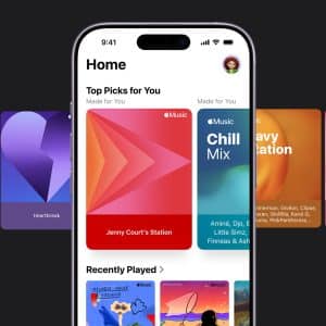A smartphone displays a music app home screen with colorful playlist cards, such as "Top Picks for You," "Recently Played," and curated mixes, inspired by Apple Music discovery settings. The background shows blurred, multicolored album covers.