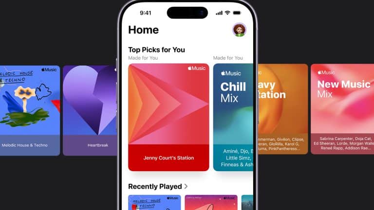 A smartphone displays a music app home screen with colorful playlist cards, such as "Top Picks for You," "Recently Played," and curated mixes, inspired by Apple Music discovery settings. The background shows blurred, multicolored album covers.