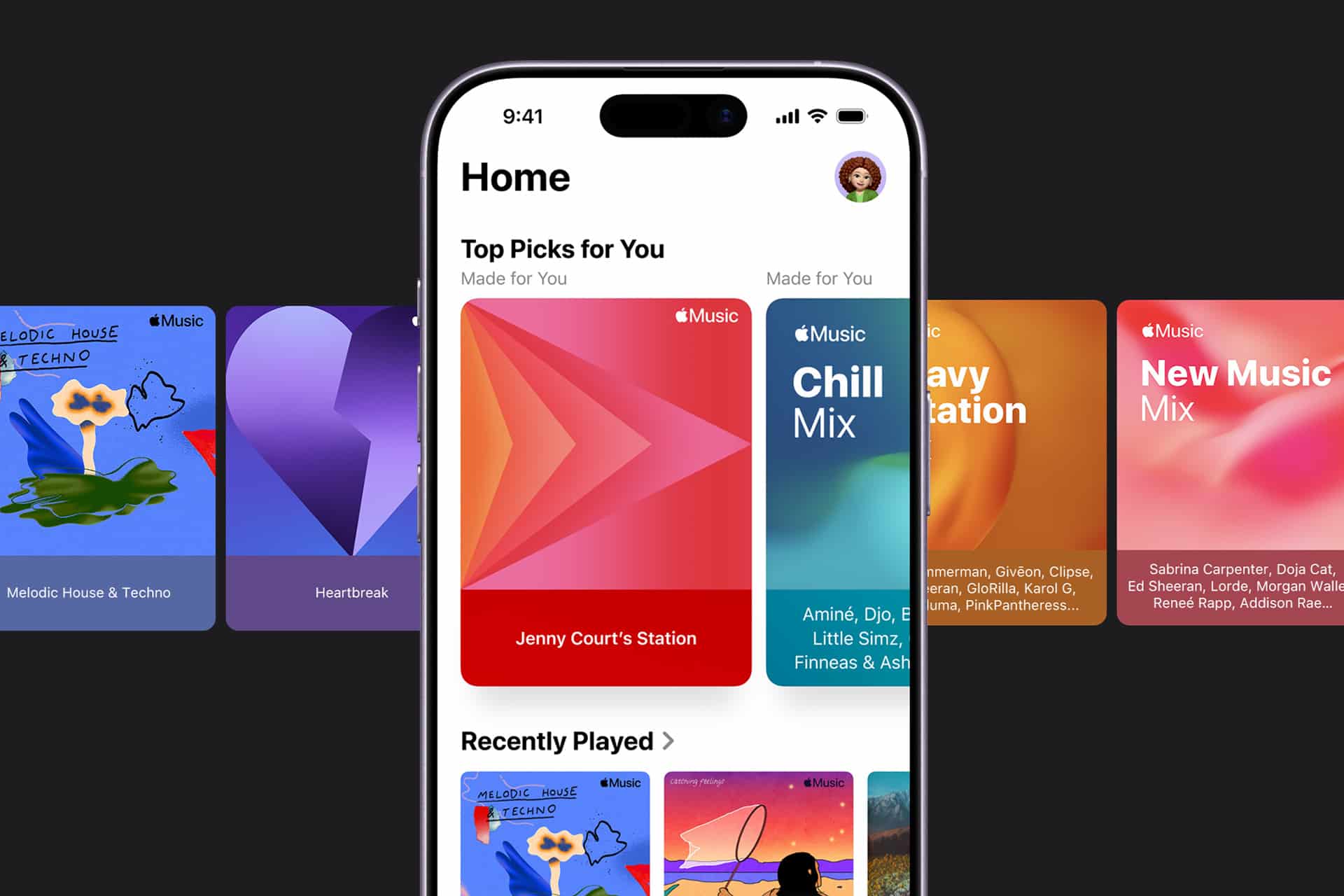 A smartphone displays a music app home screen with colorful playlist cards, such as "Top Picks for You," "Recently Played," and curated mixes, inspired by Apple Music discovery settings. The background shows blurred, multicolored album covers.