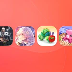 Four app icons on a red gradient background: a boat near a lighthouse (DREDGE+), an anime-style girl with flowers, a colorful caterpillar (The Very Hungry Caterpillar), and a cartoon pig—highlighting Apple Arcade April Games.