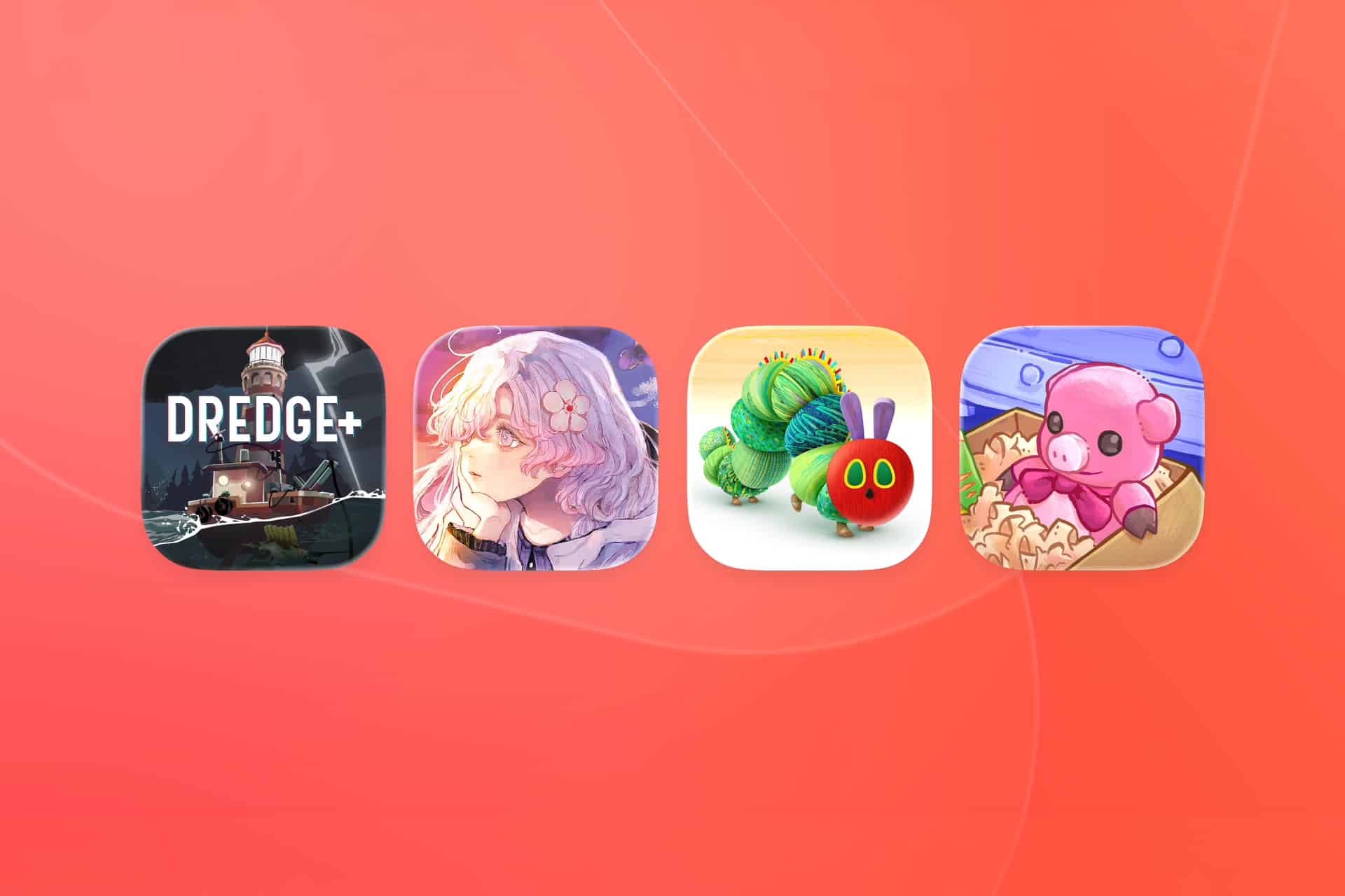 Four app icons on a red gradient background: a boat near a lighthouse (DREDGE+), an anime-style girl with flowers, a colorful caterpillar (The Very Hungry Caterpillar), and a cartoon pig—highlighting Apple Arcade April Games.