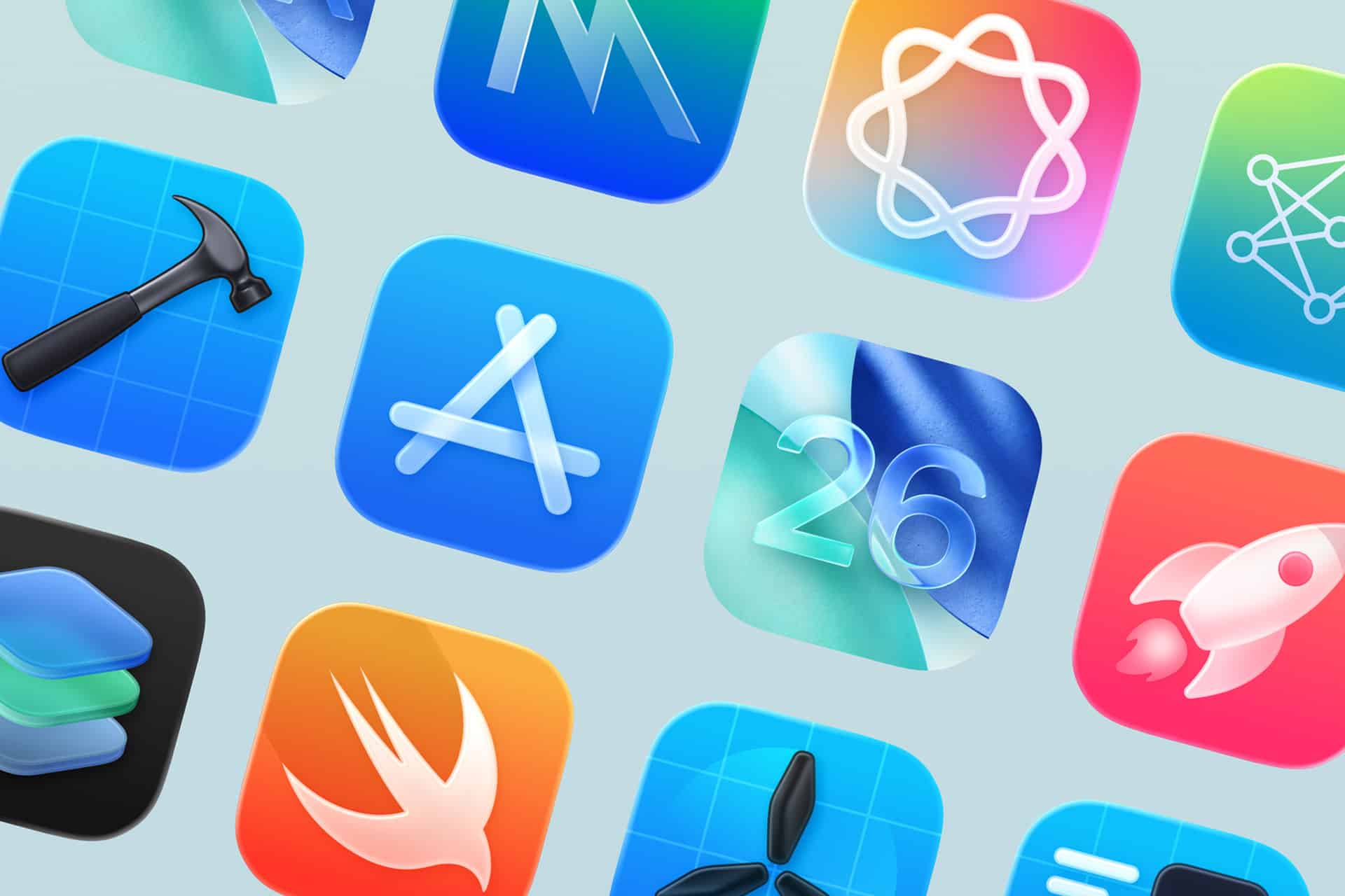 A collage of colorful app icons inspired by the Apple developer ecosystem, including a hammer, a stylized “A,” a rocket, the number “26” on blue, and other abstract tech symbols—all set against a light background.