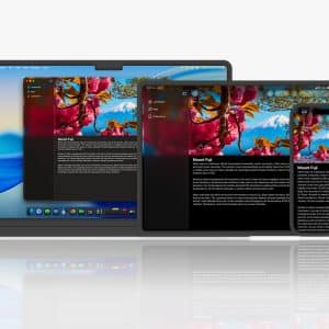 A MacBook, iPad, and iPhone display the same floral image and text, illustrating synchronized content across Apple devices within the Apple developer ecosystem. The Apple logo is visible in the lower right corner.