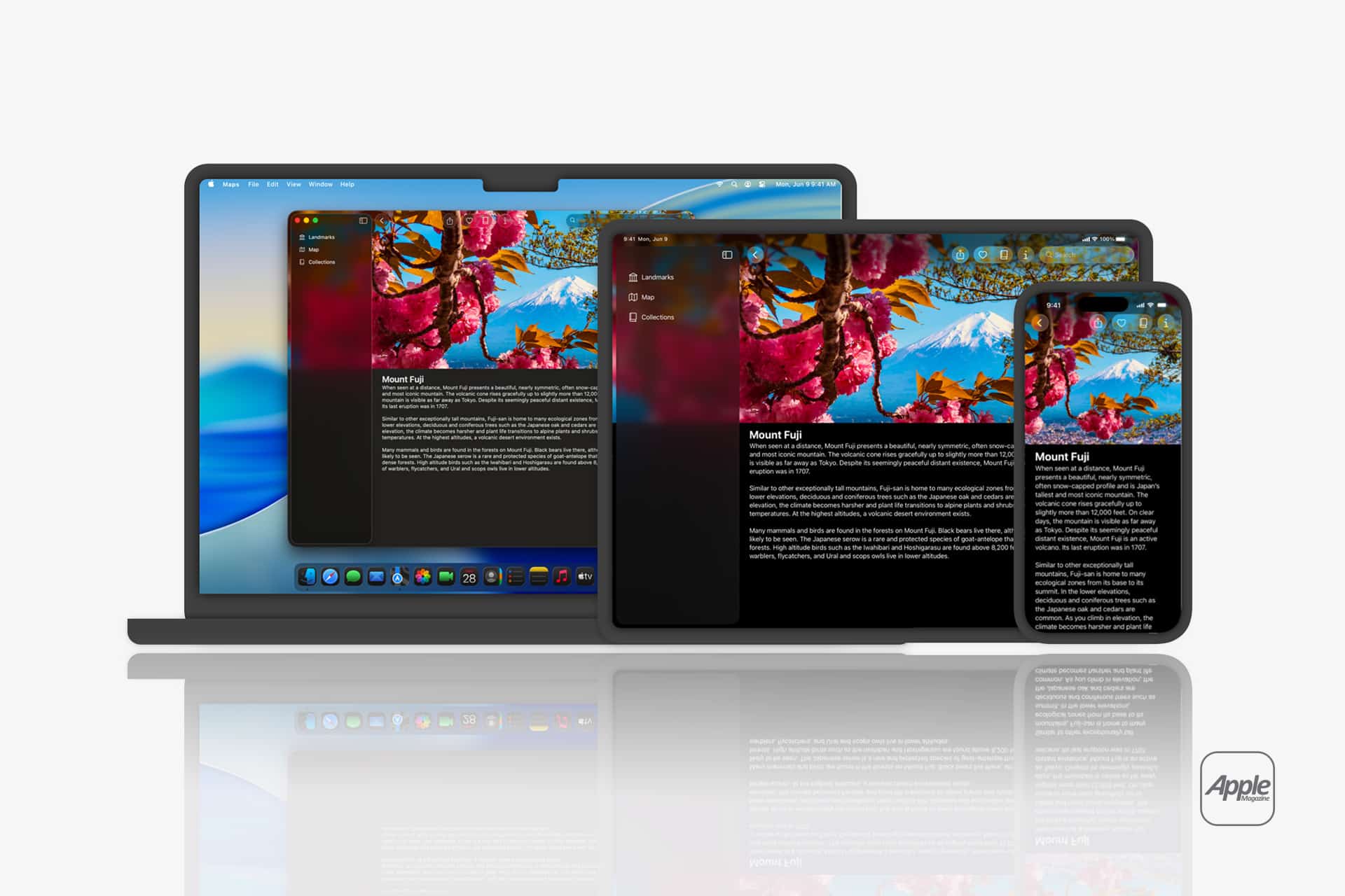 A MacBook, iPad, and iPhone display the same floral image and text, illustrating synchronized content across Apple devices within the Apple developer ecosystem. The Apple logo is visible in the lower right corner.
