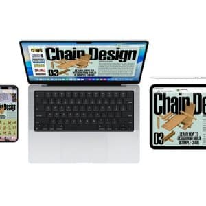 A MacBook, iPad with stylus, iPhone, and Apple Watch featuring Mac Universal Control are displayed, all showing a digital magazine cover titled "Chair Design" with a chair illustration and similar layout on each device.