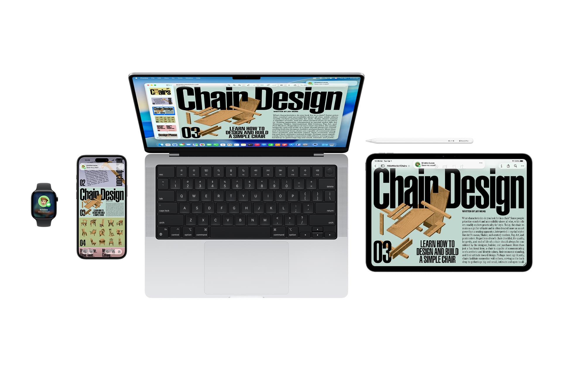 A MacBook, iPad with stylus, iPhone, and Apple Watch featuring Mac Universal Control are displayed, all showing a digital magazine cover titled "Chair Design" with a chair illustration and similar layout on each device.