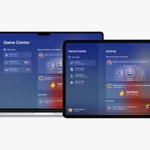 A smartphone, a laptop, and a tablet display Apple Games' Game Center interface, showing recent activity, achievements, and player rankings on their screens.