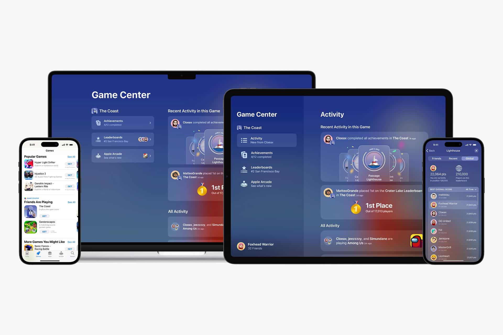 A smartphone, a laptop, and a tablet display Apple Games' Game Center interface, showing recent activity, achievements, and player rankings on their screens.