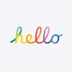 The word "hello" is written in a flowing, cursive font with each letter in a different color, creating a rainbow effect on a light gray background, inspired by the playful style of @HelloApple.