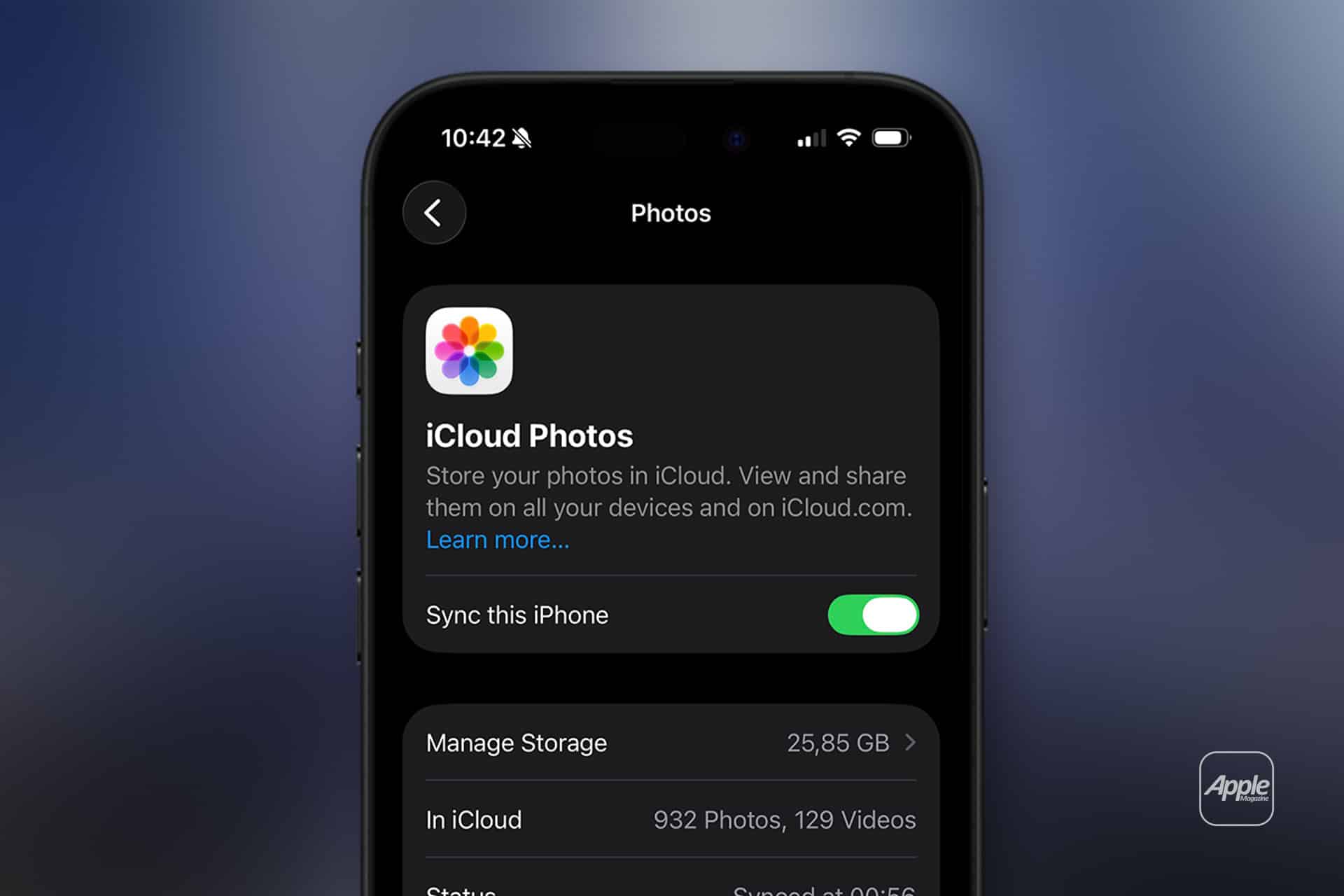 iPhone Photo Backup - Close-up of an iPhone screen showing iCloud Photos settings. The "Sync this iPhone" option is enabled, highlighting iPhone Photo Backup with storage details and the number of photos and videos displayed below.