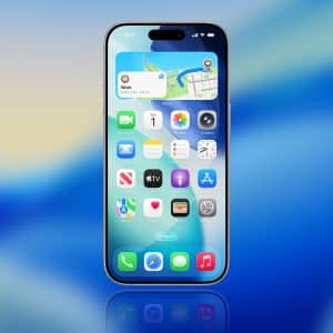 An iPhone displaying its home screen with various app icons and widgets, including the option to offload app, set against a blue abstract background with the Apple logo in the lower right corner.