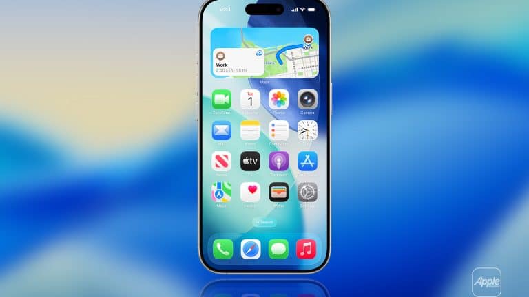 An iPhone displaying its home screen with various app icons and widgets, including the option to offload app, set against a blue abstract background with the Apple logo in the lower right corner.