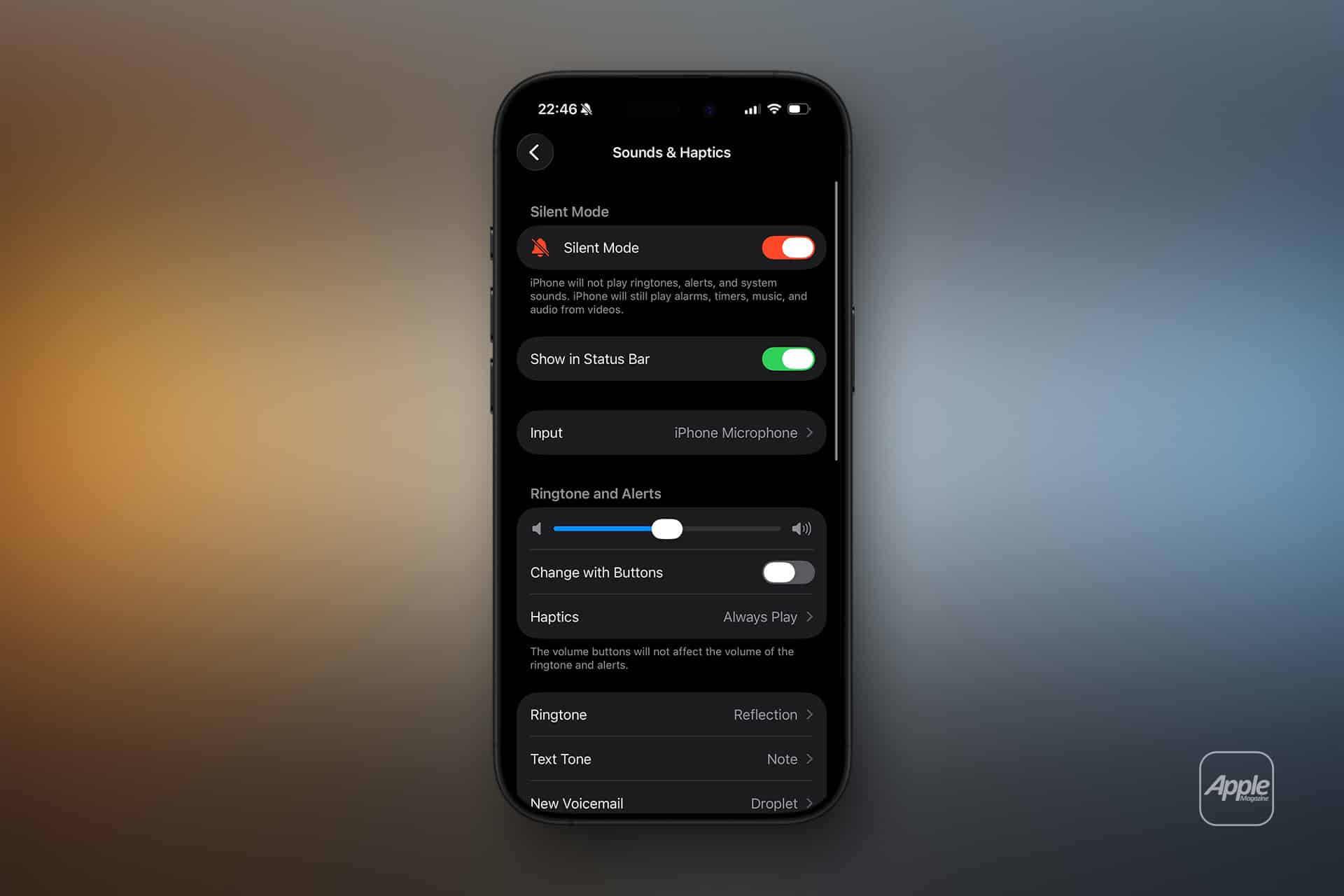 An iPhone screen displays the "Sounds & Haptics" settings in dark mode, showing Silent Mode enabled, input selection, ringtone and alert sliders, iOS system haptics settings, and various ringtone types.