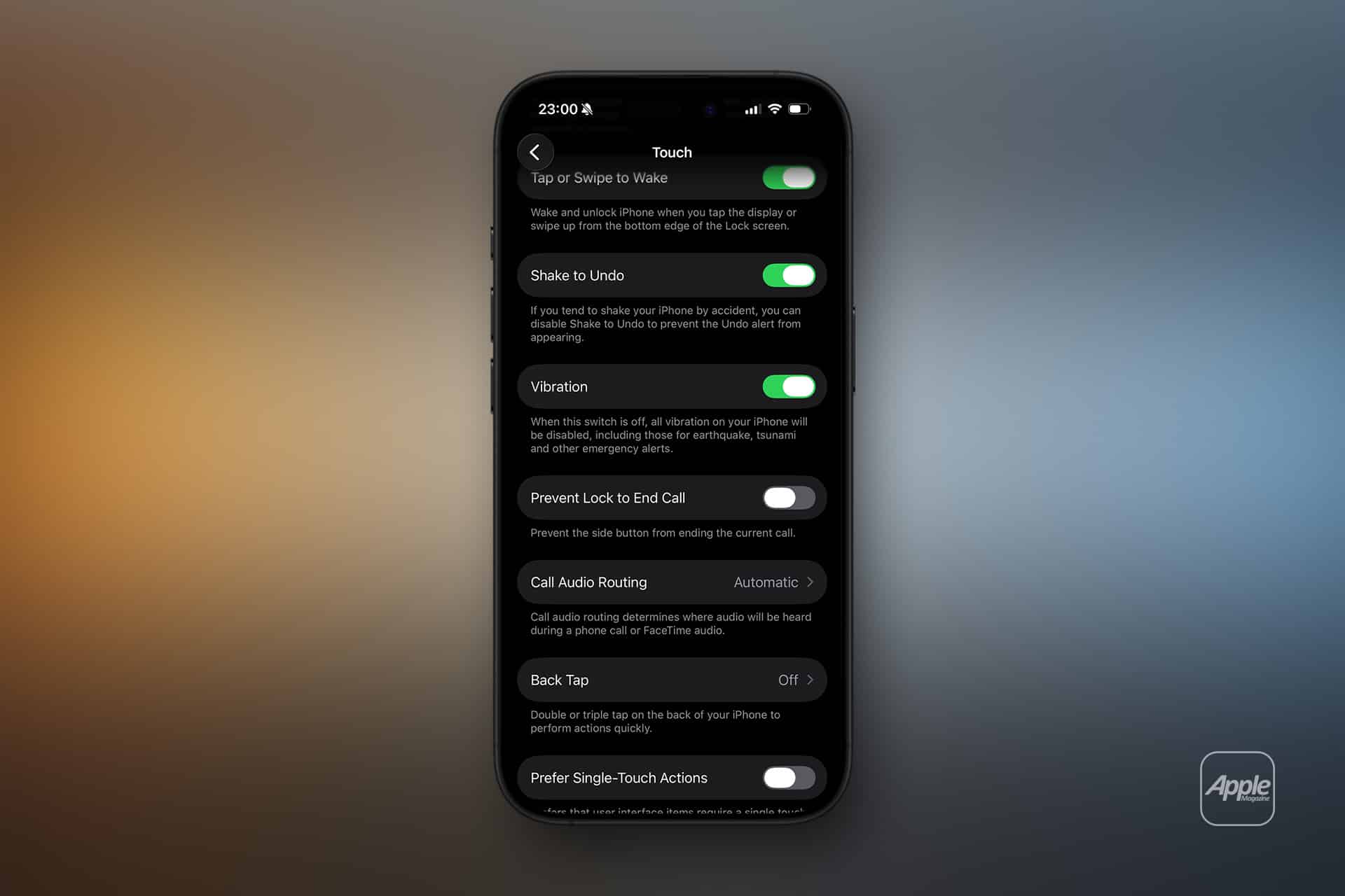 An iPhone displays the Touch settings screen in dark mode, featuring options like Tap or Swipe to Wake, Vibration, iOS system haptics, Shake to Undo, Prevent Lock to End Call, Call Audio Routing, and Back Tap.