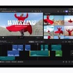 iPad Air 2026 - A tablet screen displays a video editing app powered by Apple Core AI with a project titled "Whirling Documentary Final Edit." The main video shows a person in a red outfit spinning outdoors, with editing tools and a timeline below.