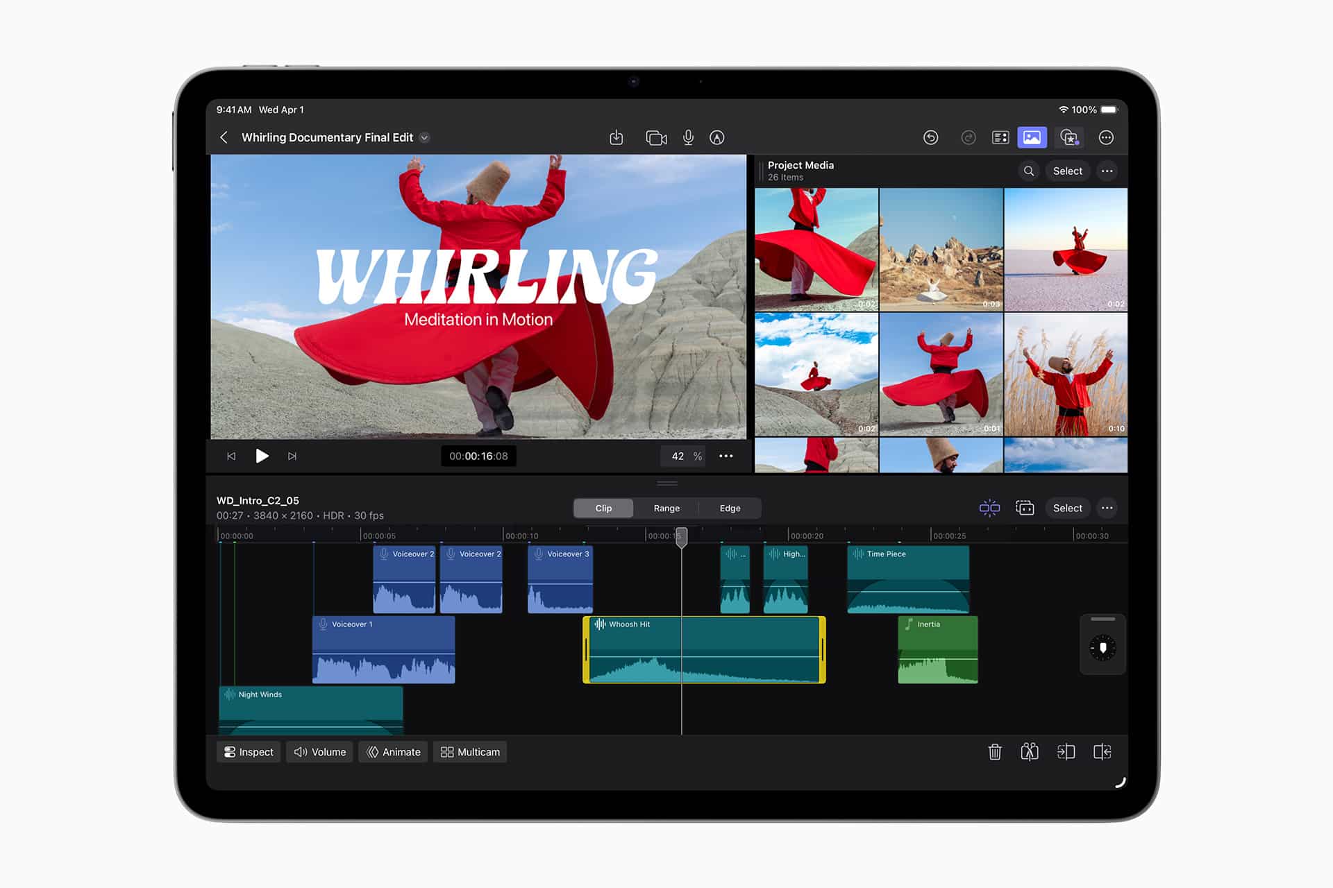 iPad Air 2026 - A tablet screen displays a video editing app powered by Apple Core AI with a project titled "Whirling Documentary Final Edit." The main video shows a person in a red outfit spinning outdoors, with editing tools and a timeline below.