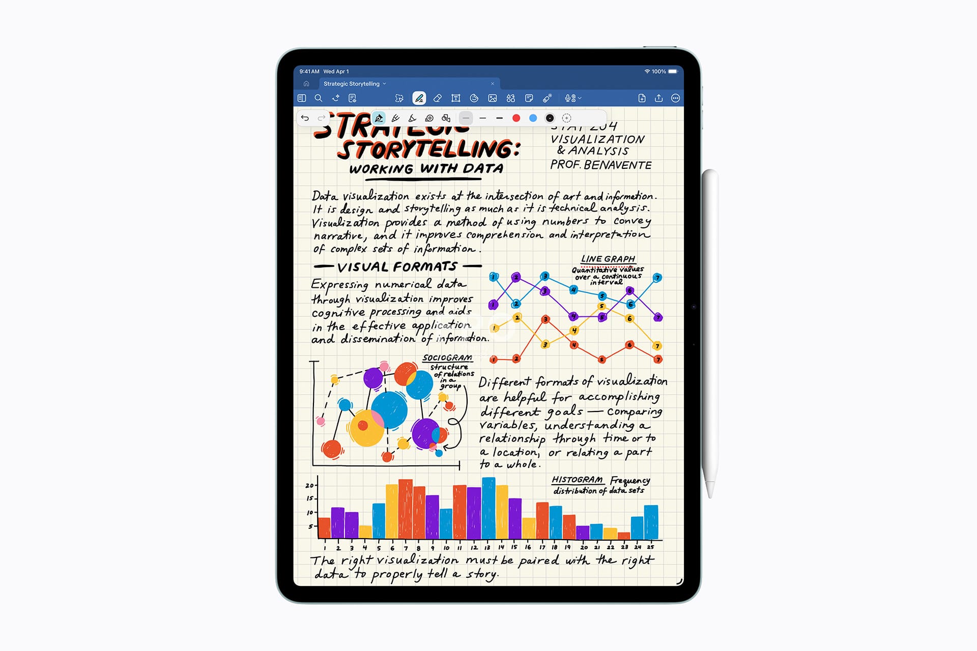 iPad Air 2026 - An iPad displays a digital handwritten note about "Storytelling: Working with Data," featuring colorful line, bubble, and bar graphs, with text explaining data visualization concepts powered by Apple Core AI.
