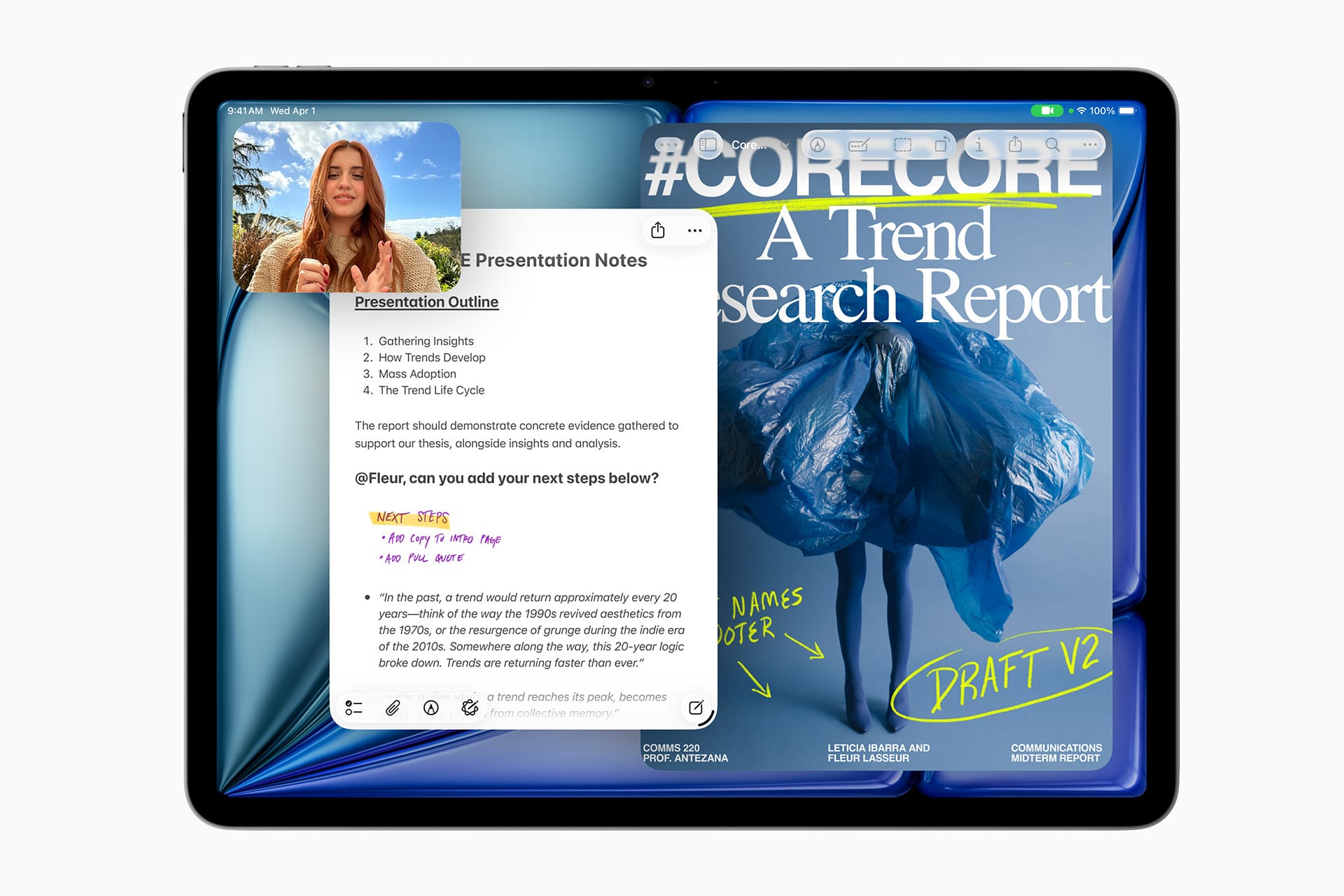 iPad Air 2026 - An iPad screen displays a split view: on the left, a video call with a woman and a typed presentation outline; on the right, an Apple Core AI-powered magazine cover titled “CORECORE: A Trend Research Report” featuring a model in a blue dress.