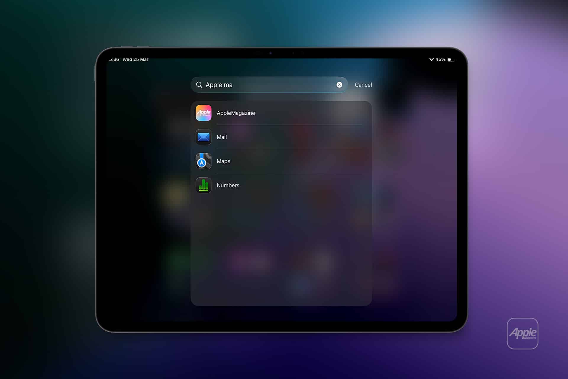 An iPad screen displays the search function with "Apple ma" typed in, revealing results like AppleMagazine, Mail, Maps, and Numbers from the iPad App Library. The background is blurred, with the Apple logo visible in the bottom right corner.