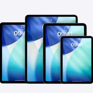 Four tablets of different sizes are displayed upright in a row against a white background, each featuring an iPad screenshot with similar blue and teal abstract wallpapers and the time 09:41 on the screens.