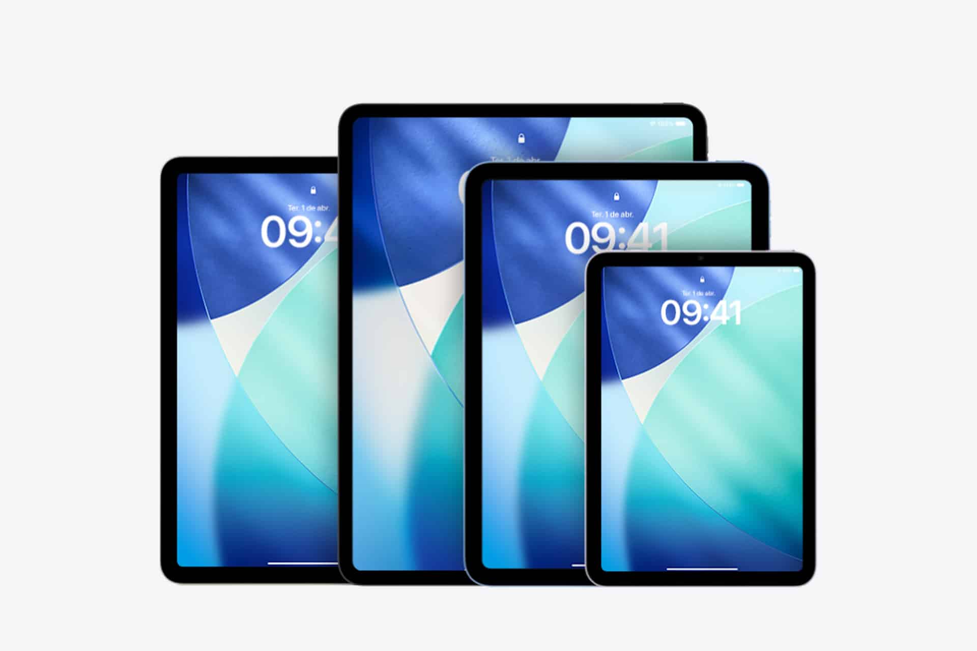 Four tablets of different sizes are displayed upright in a row against a white background, each featuring an iPad screenshot with similar blue and teal abstract wallpapers and the time 09:41 on the screens.