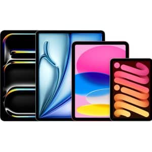 Four tablets of varying sizes and designs, reminiscent of the iPad lineup, stand upright in a row against a white background, displaying colorful abstract patterns on their screens.