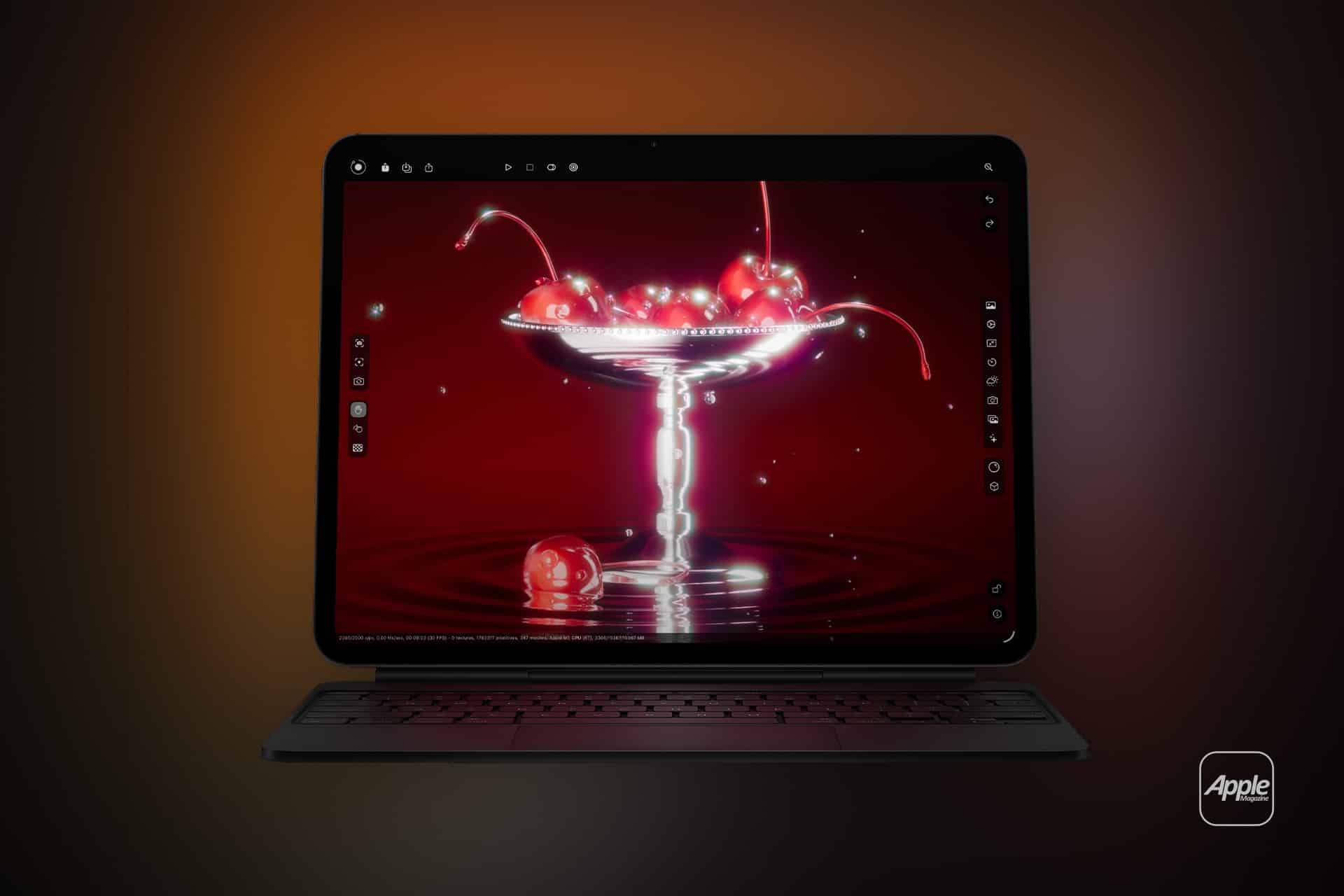 A tablet with a keyboard displays a digital image of cherries in a glass dessert dish against a deep red background. The Apple logo appears in the bottom right corner, and editing tools are visible on the iPad XDR monitor screen.