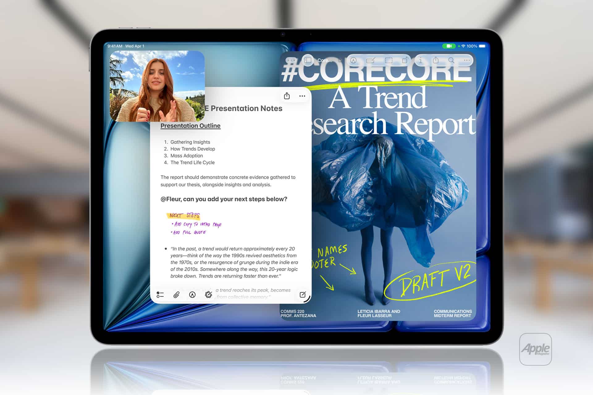 Two iPad screens side by side: the left highlights a video call with a woman and presentation notes, while the right displays a digital report cover titled "#CORECORE: A Trend Research Report," showcasing handwritten notes—demonstrating iPad Air specs in action.