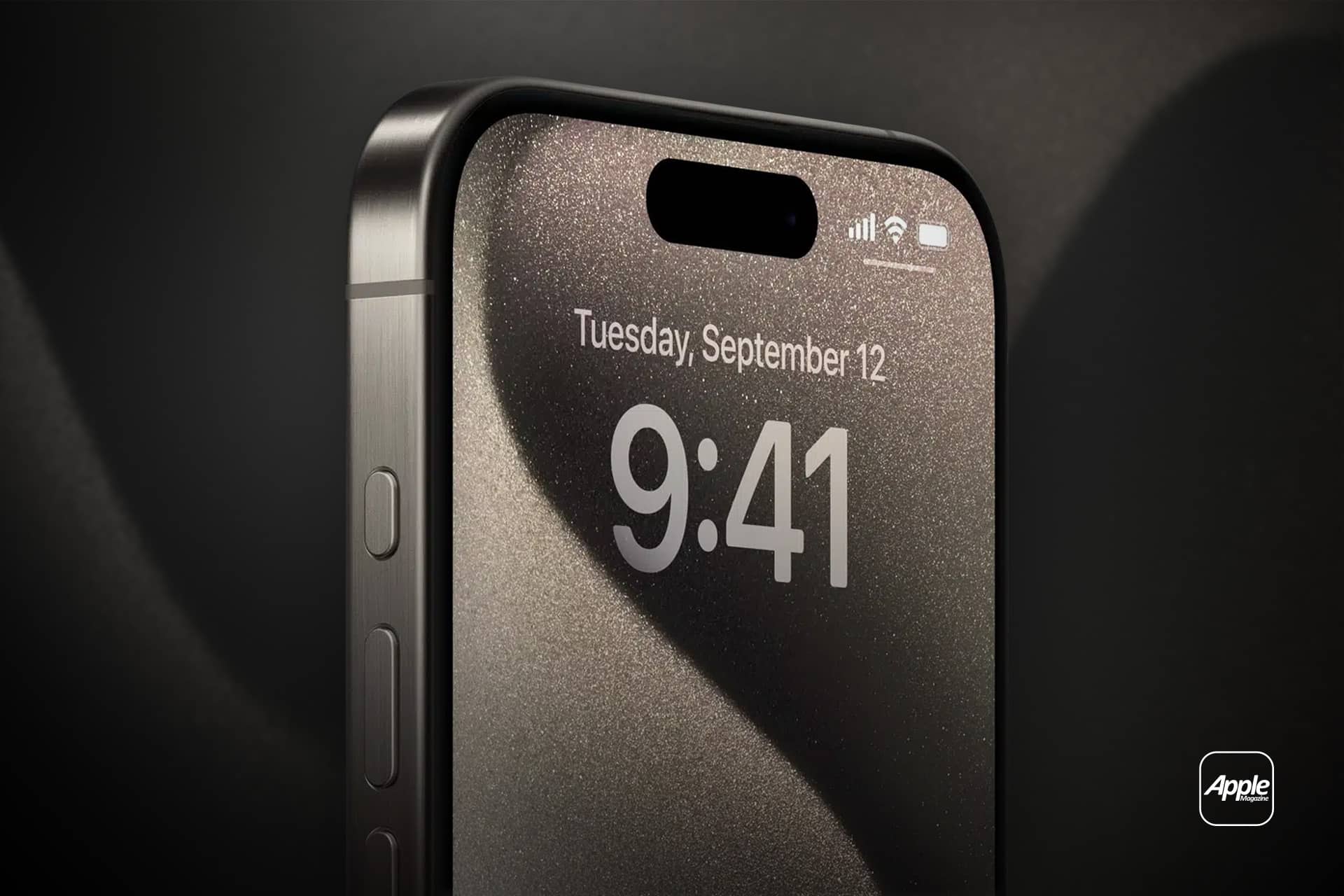 A close-up of the top half of a black iPhone 15 Pro Max displaying the time 9:41 and date Tuesday, September 12 on its lock screen, with the Apple logo in the bottom right corner.