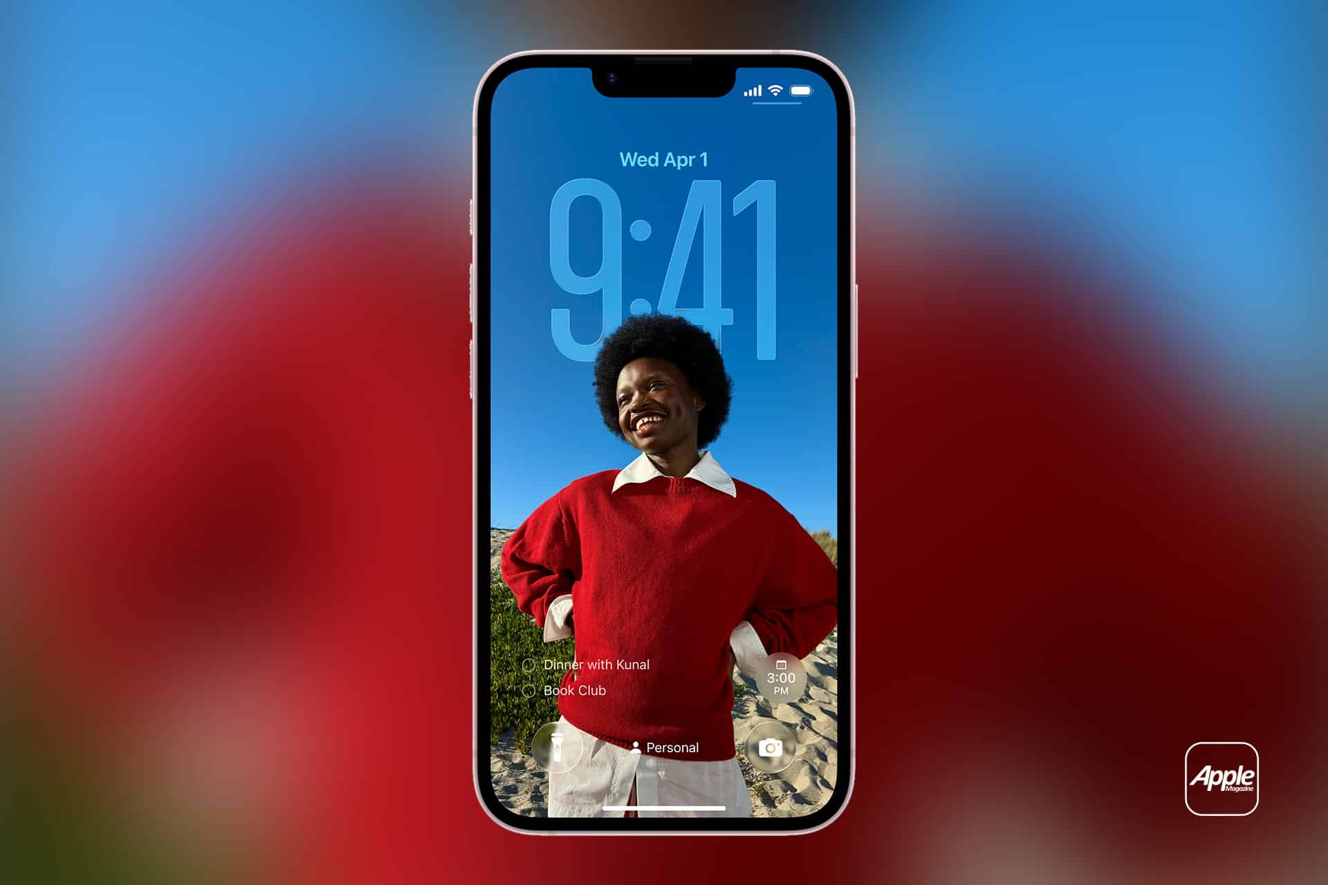 A smartphone displays its lock screen with a smiling person in a red sweater and white shirt as the wallpaper. The time reads 9:41, and there are calendar and notification icons visible. The Apple logo is in the bottom right corner.