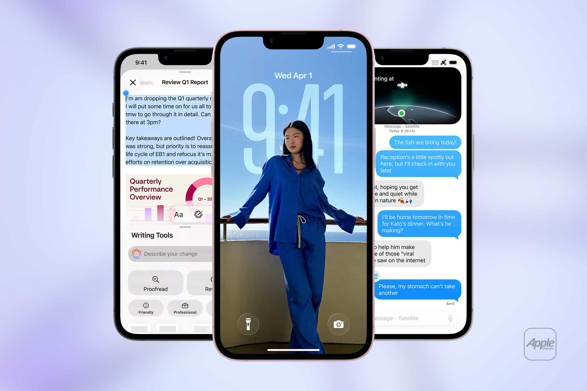iPhone designers -Three iPhones display different screens: a report review, a messaging conversation, and a lock screen with a woman in blue pajamas standing by a window. An Apple logo is visible in the bottom right corner.