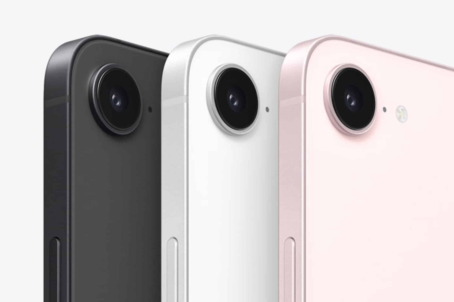 iPhone growth - Close-up of three smartphones shown from the back in black, white, and pink colors, highlighting their rear cameras and sleek, modern design.