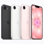 iPhone 17e - Three iPhones in black, white, and pink are shown from the back, next to a fourth iPhone with a pink floral wallpaper on its screen, highlighting Apple Core AI and machine learning advancements.