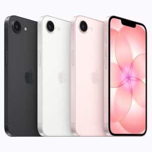 iPhone 17e - Three iPhones in black, white, and pink are shown from the back, next to a fourth iPhone with a pink floral wallpaper on its screen, highlighting Apple Core AI and machine learning advancements.