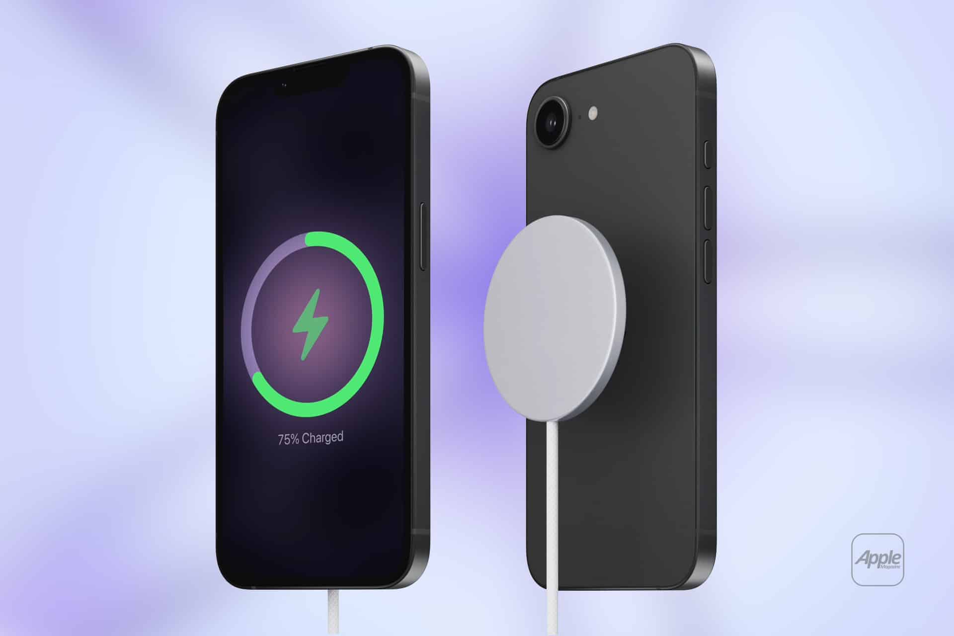 A black smartphone charging with a circular magnetic charger; one phone screen shows a 75% charged battery, while the other displays the charger attached to its back. The Apple logo is visible in the corner.