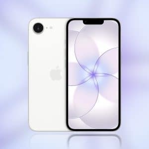 A white iPhone is shown, with the back facing left and the front facing right. The screen displays a pastel, abstract circular pattern. The background is a soft, blurry gradient, and the Apple logo appears in the bottom right corner.