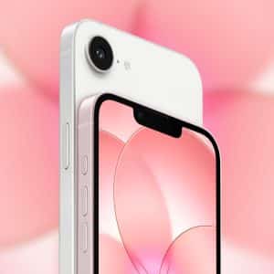 Close-up of a white smartphone, showing the rear camera and part of the front screen with a pink abstract background. The Apple logo is visible in the lower right corner, hinting at an exciting chance to get an iPhone 17e for Free.