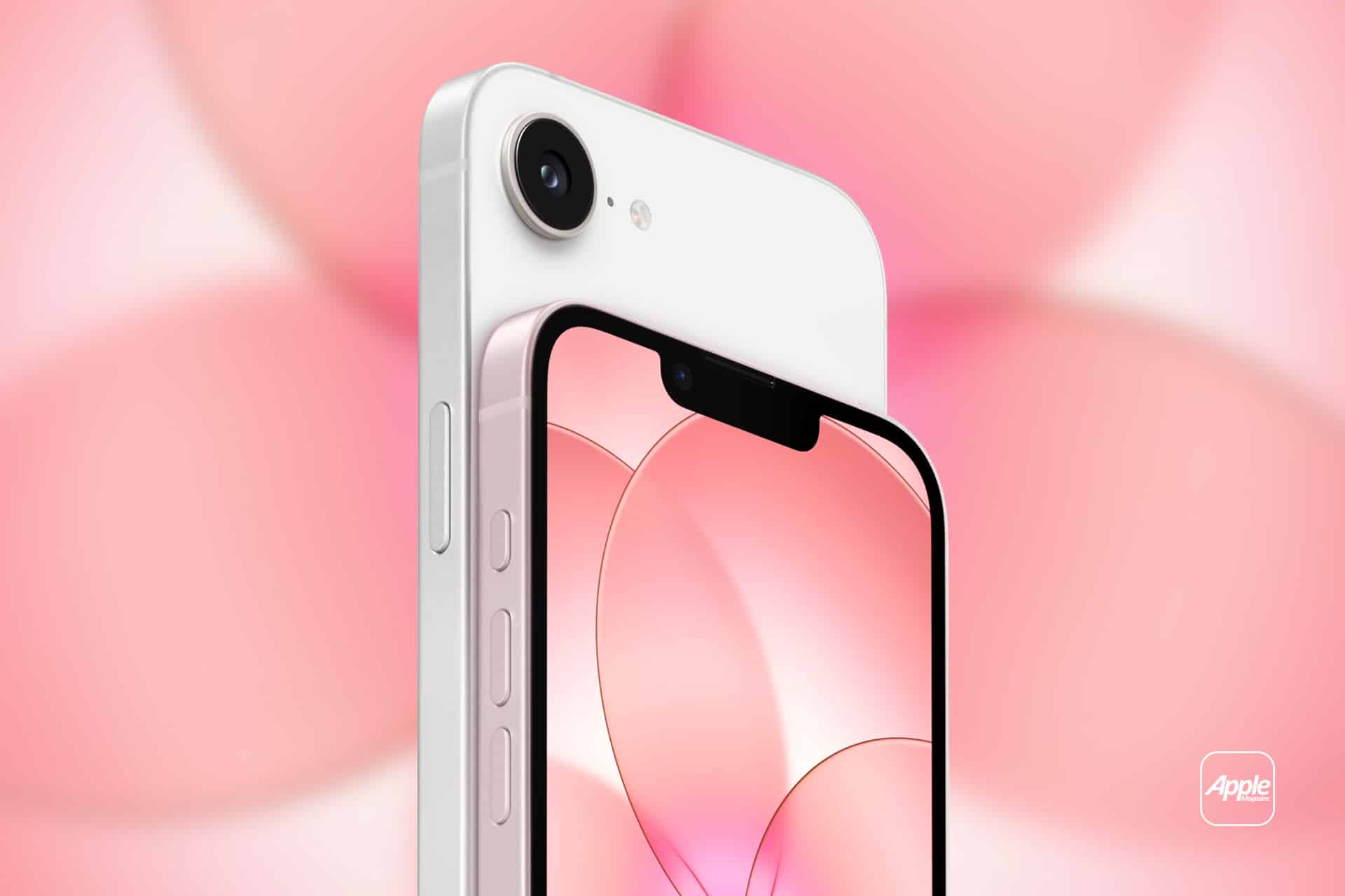 Close-up of a white smartphone, showing the rear camera and part of the front screen with a pink abstract background. The Apple logo is visible in the lower right corner, hinting at an exciting chance to get an iPhone 17e for Free.