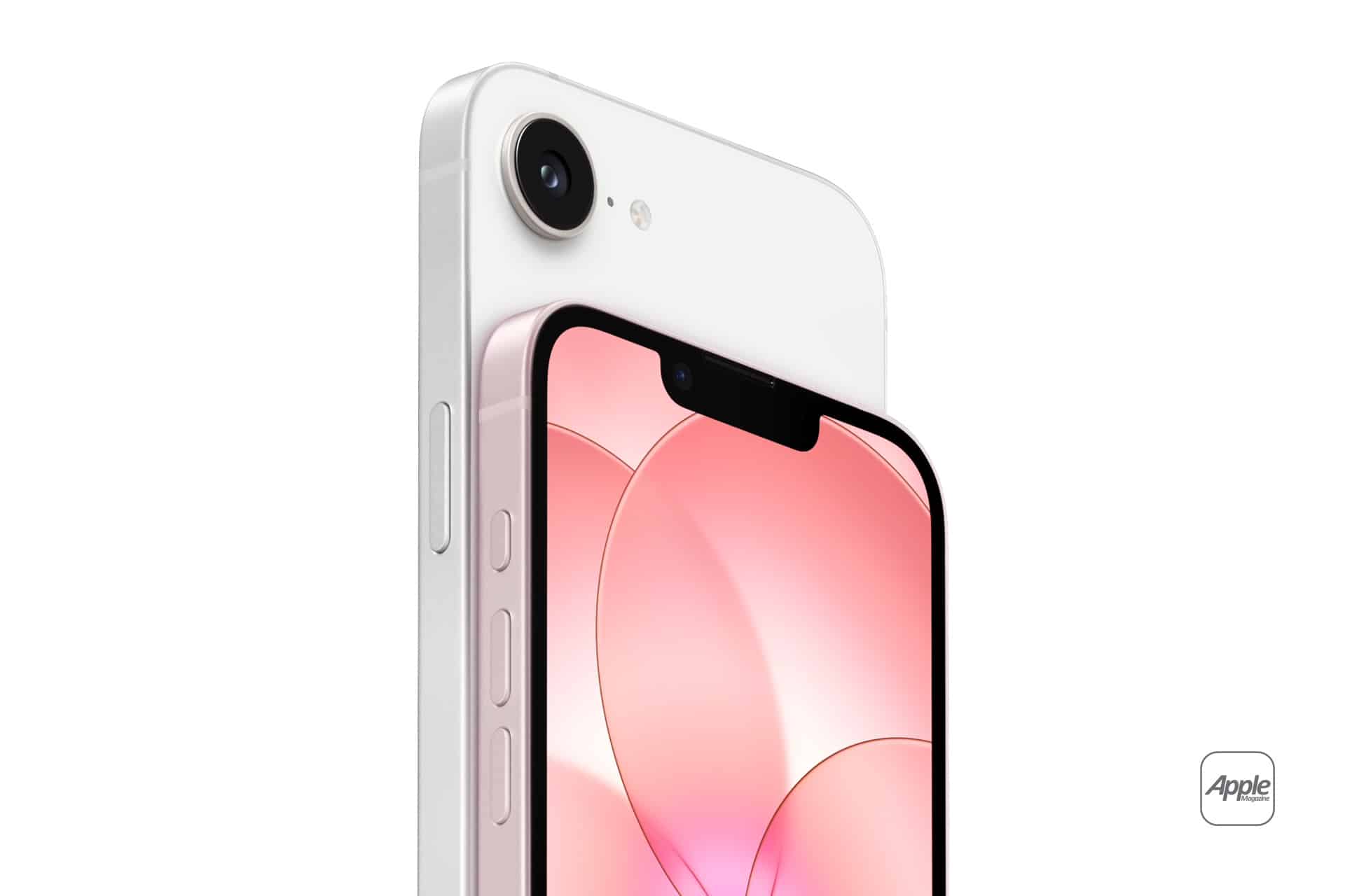 A close-up of two smartphones, one showing the rear camera and side buttons in white, and the other displaying a pink screen with curved shapes. Both feature minimalist design—an Apple logo and a Free iPhone 17e offer appear in the bottom right corner.