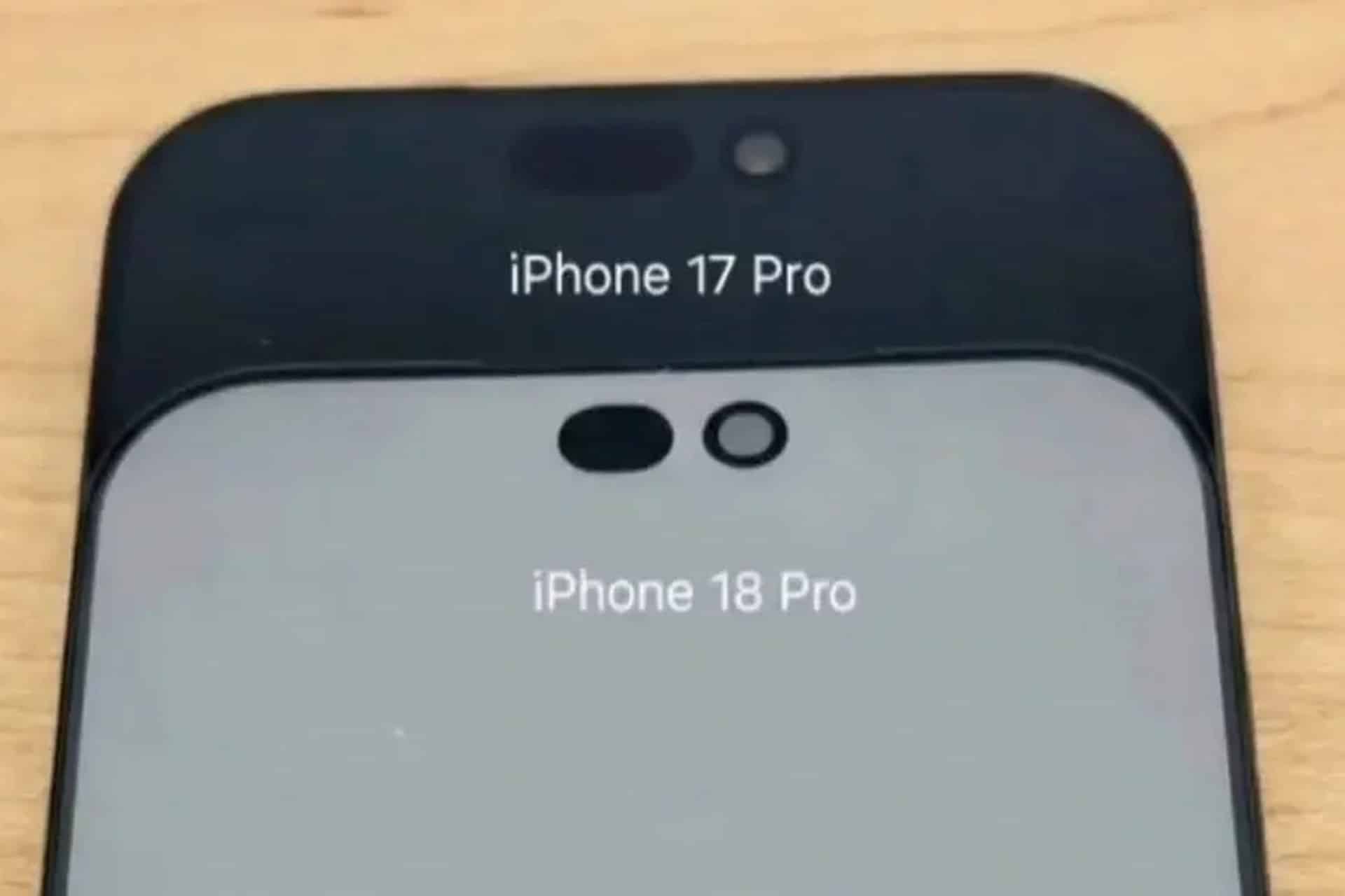 Two phone screens labeled "iPhone 17 Pro" (top) and "iPhone 18 Pro" (bottom) are shown side by side, highlighting subtle front camera and sensor cutout changes amid the latest iPhone 18 leak. Notice the refined Dynamic Island design on the newer model.