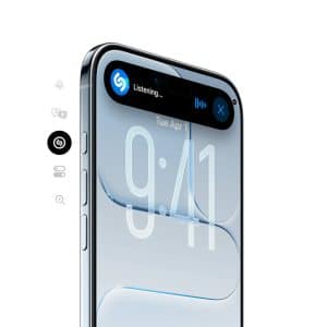 A smartphone with a large digital clock display (9:41), a “Listening…” notification—likely from a music recognition app—and an iPhone Action Button, all shown on a clean, minimalist background.