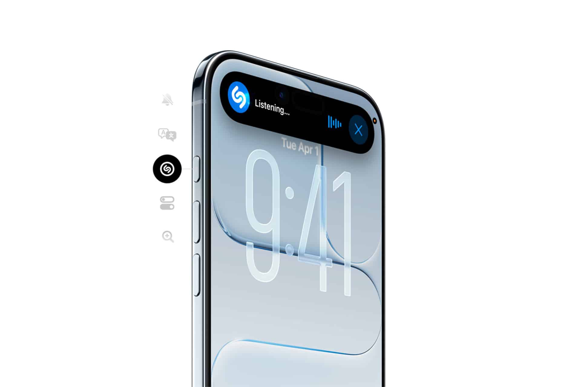 A smartphone with a large digital clock display (9:41), a “Listening…” notification—likely from a music recognition app—and an iPhone Action Button, all shown on a clean, minimalist background.