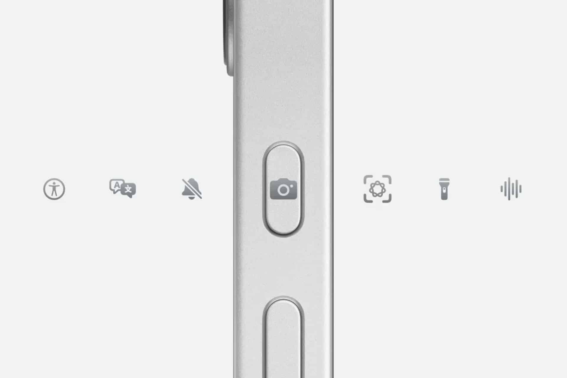 A close-up of the side of a silver smartphone shows two buttons, with a camera icon on the upper iPhone Action Button. Various accessibility and settings icons are displayed on either side of the phone on a white background.