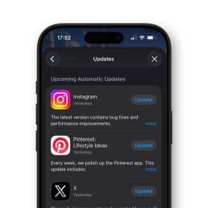 A smartphone screen displays the iPhone App Updates page in the App Store, featuring update options for Instagram, Pinterest, and X, along with each app's icon, update button, and a brief summary of recent changes.
