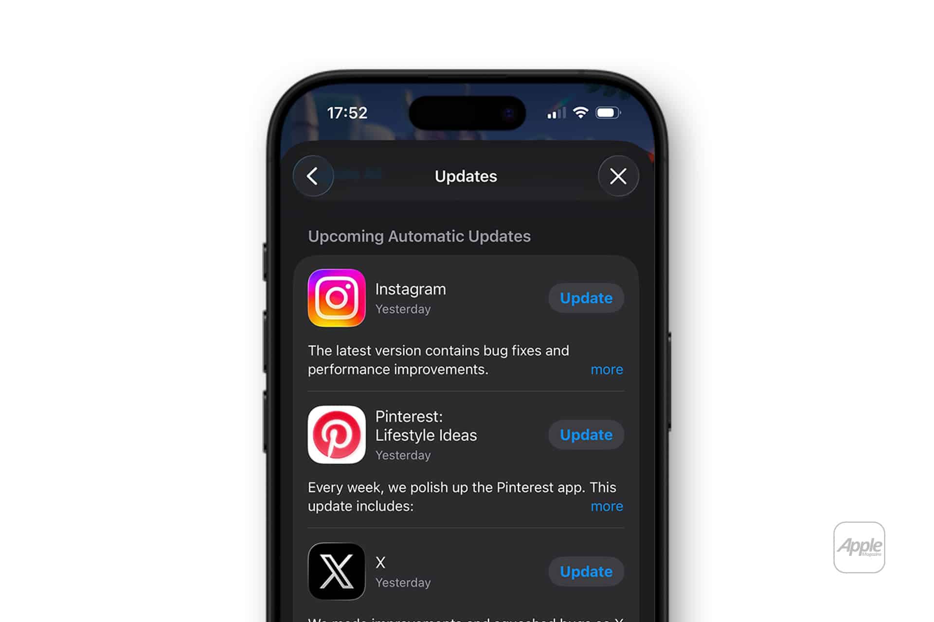 A smartphone screen displays the iPhone App Updates page in the App Store, featuring update options for Instagram, Pinterest, and X, along with each app's icon, update button, and a brief summary of recent changes.
